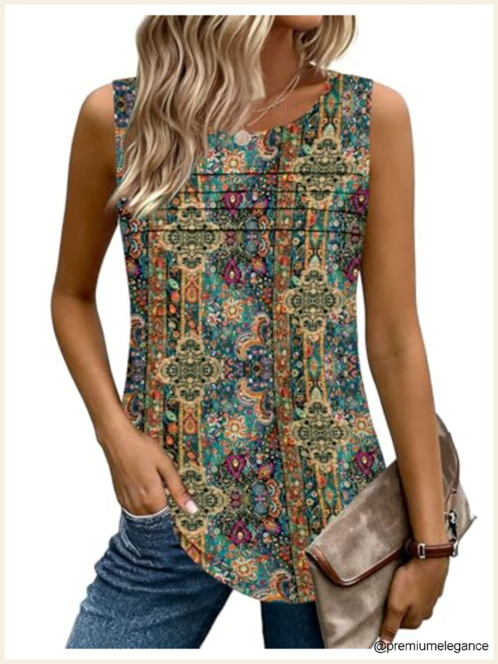 Women's Sleeveless Pleated Tank Top Loose Fit Tunic Blouse Boho Summer